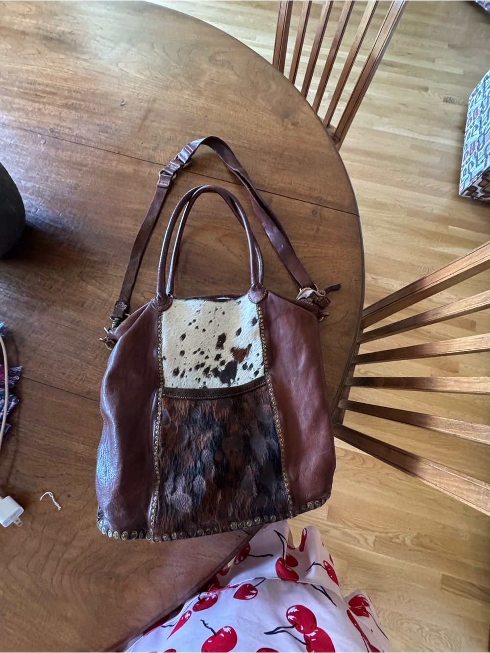 Campomaggi Brown Leather and Cowhide Patchwork Tote Bag w/ crossbody strap - Picture 2 of 11